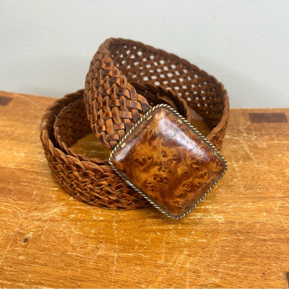 Accessories - Vintage Leather Woven Brown Belt Wooden Brass Buckle Morocco 34/36 Size Western